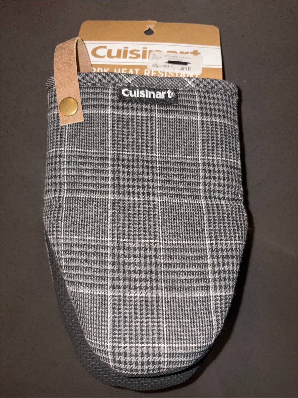 Cuisinart Gray Plaid oven mitts with Leather Hang Loop